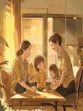 家有继母漫画封面，现代都市家庭场景，继母与继子女的日常生活画面，暖黄色系