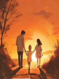 父女情感漫画封面，父亲与女儿牵手走路的温暖剪影，夕阳逆光橙色调