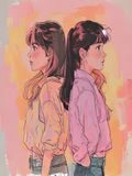 继姐与我漫画封面，两个少女背对背站立，青春校园氛围，粉橙撞色风格
