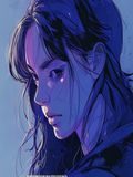 继姐的秘密漫画封面，青春校园背景，继姐神秘侧脸特写，蓝紫色调悬疑感