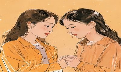 继母与继姐漫画代表话「第一次叫她姐姐」的漫画封面插图，描绘一个小女孩鼓起勇气第一次开口叫继姐的温馨瞬间，暖橙色调，细腻的表情刻画令人动容