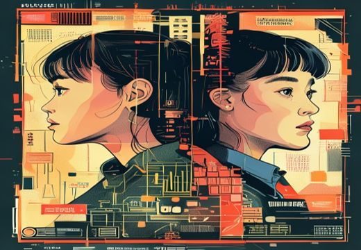 继母与继姐漫画数据看板风格插画，展示热门作品封面排列、读者评分数据与更新状态，焦橙色孟菲斯几何风格设计感强