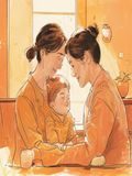 继母的温柔漫画封面，温暖家庭场景，继母与孩子之间的温情互动，橙色暖调插画风格