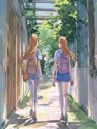 青春成长漫画封面，两个少女在校园走廊并肩而行，青春明亮色调
